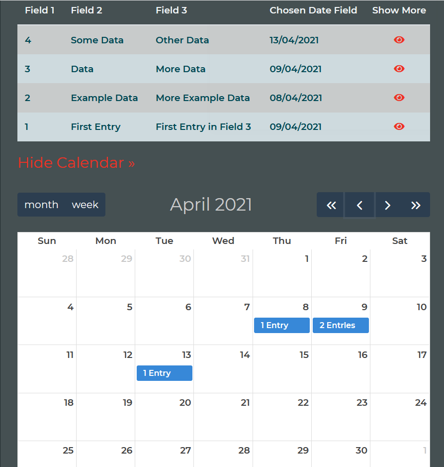 Here is the same calendar, all date entered on the 12th of April, but using the "Primary Calendar Field" option instead of the default entry date