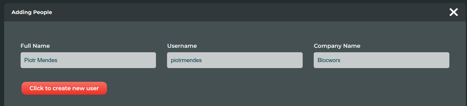 A typical bloc with 3 fields where you may wish to store this data in a Bloc. You can then create a user with this field and this data. See next image to see what it looks like after clicking the button.