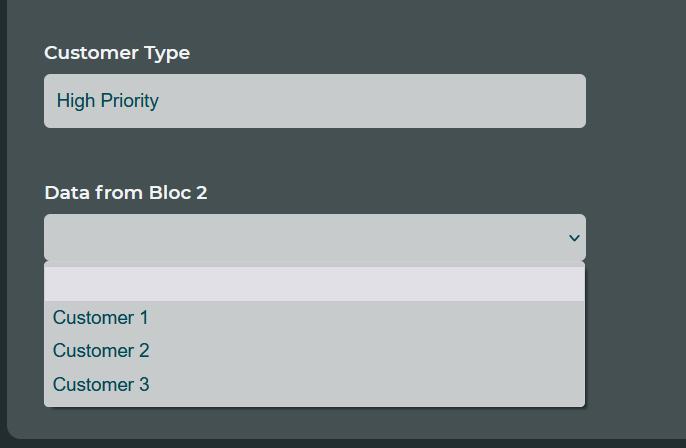 In this example, the "Customer Type" field is being used to filter "Data from Bloc 2" to only show High Priority Customers