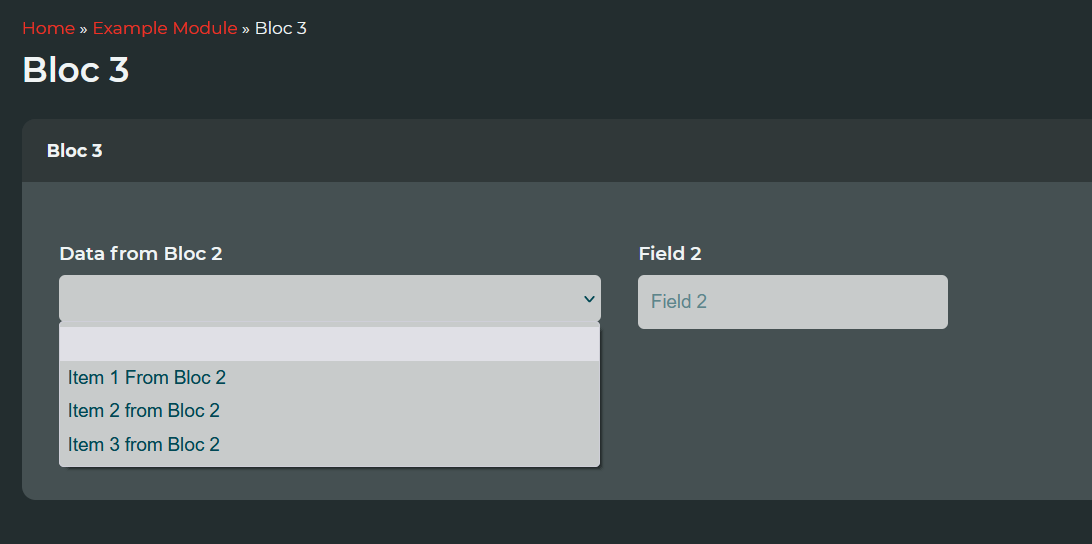 A typical Dropdown from Bloc field where the data in the dropdown is coming from Bloc 2