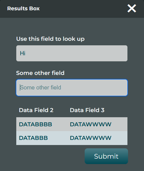 A random test of a a Results Box field where the value being looked up is "Hi"