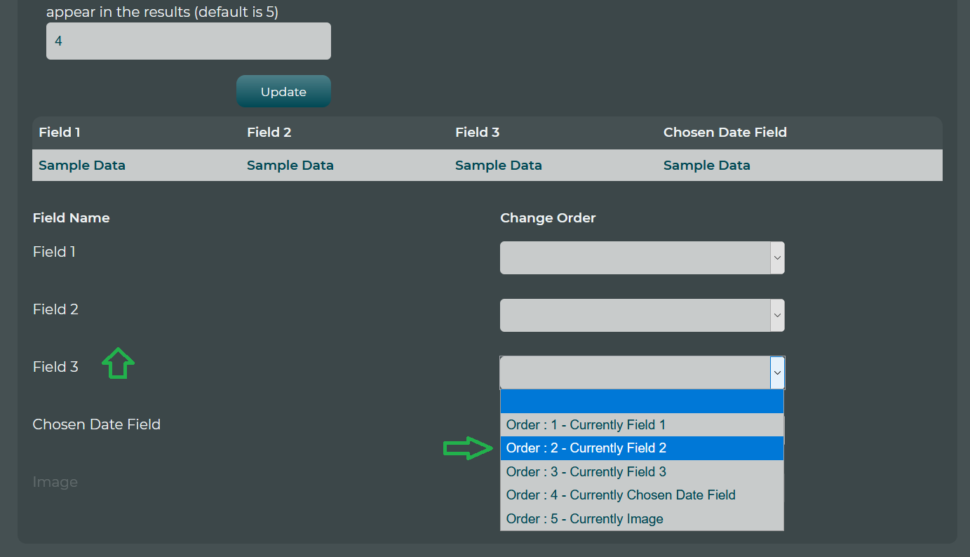 In this example, 4 fields are appearing with the "Image" field hidden. Field 2 is currently in the second position. But by continuing the action above, Field 2 would be moved down one and Field 3 would be moved up.