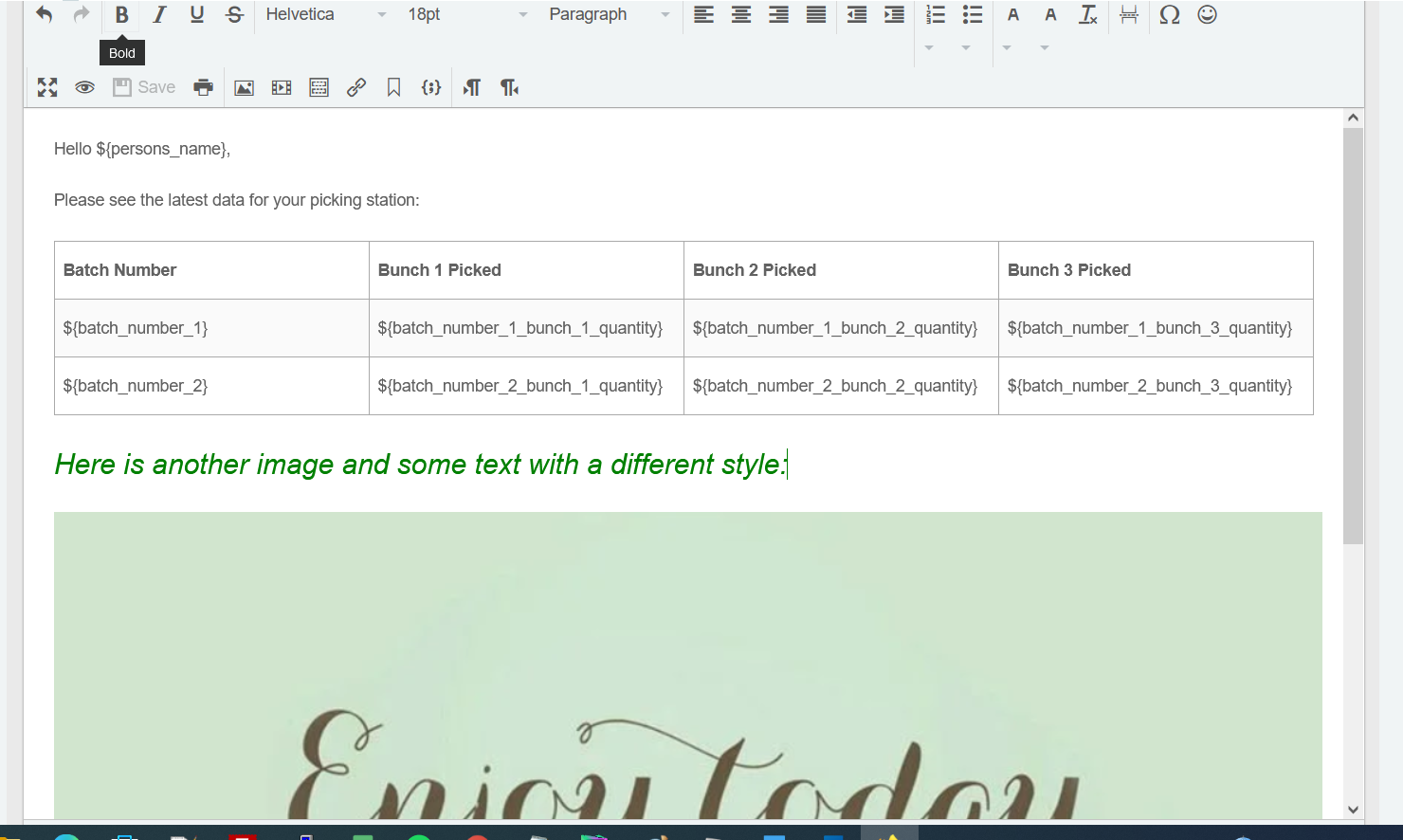 In this example we are showing a demonstration of images and a table with data and some content that is part of the email body itself.
