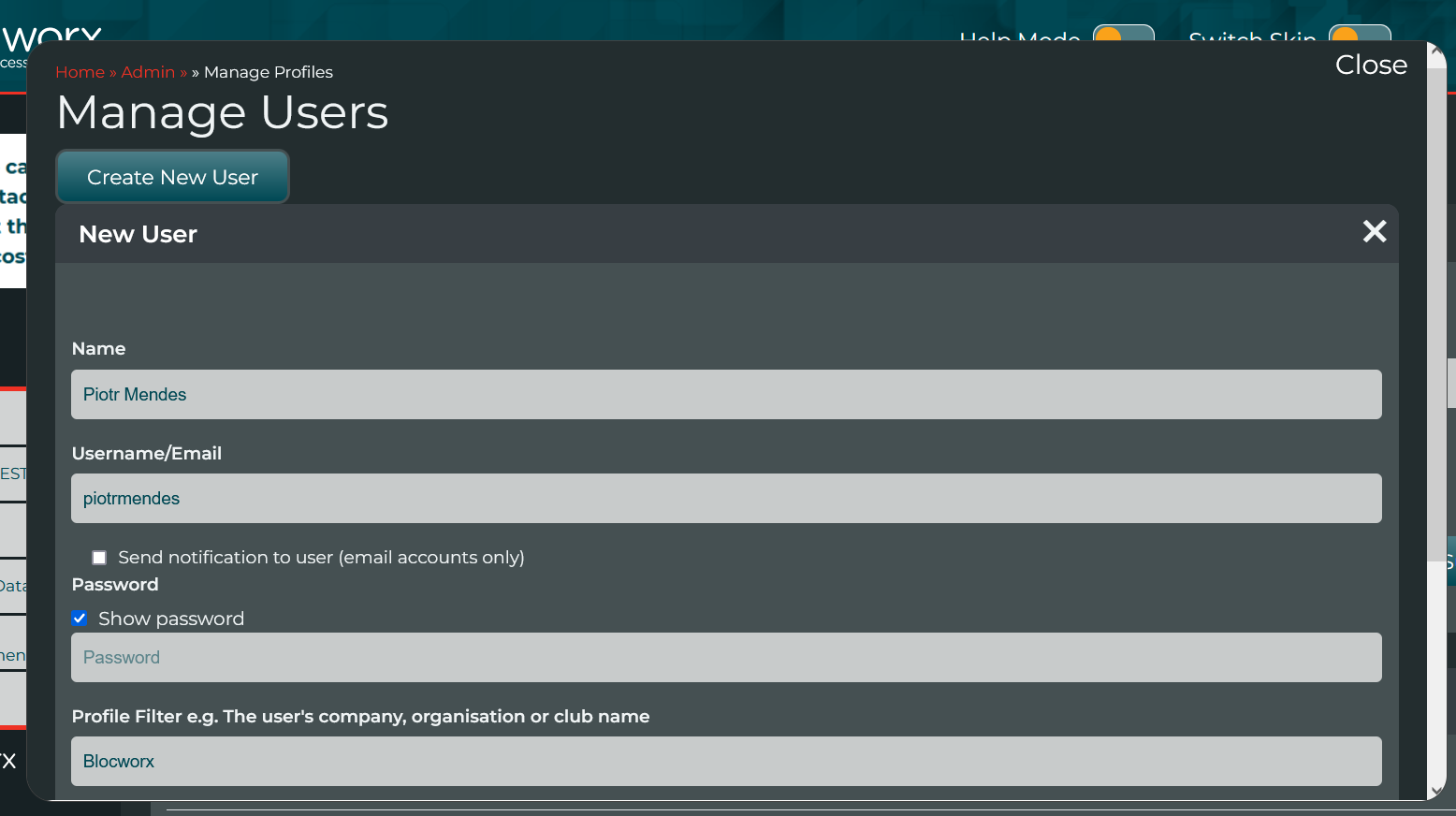 After clicking the button, the Pop Up appears with the details passed into the fields, saving you having to type them again. From here you simply finish out the New User form by entering the password and adding roles or permissions.