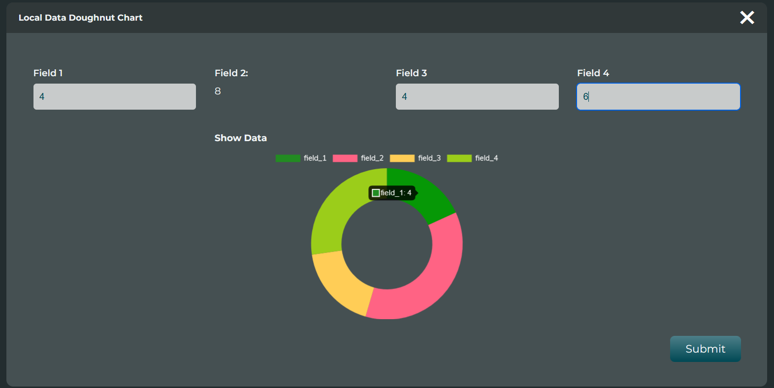 A typical doughnut chart getting data from Field 1, 2, 3 and 4. Note that the fields do not need to be text fields, you can see Field 2 is a plain data field where the data may come from somewhere else.