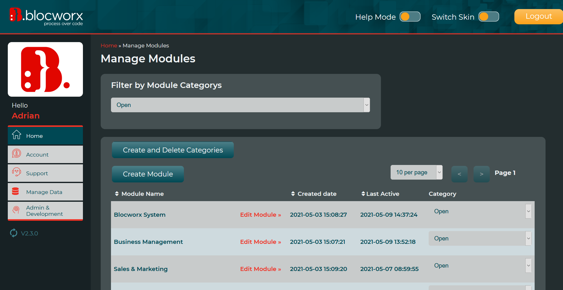 Landing Page for managing modules